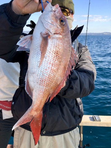 釣り始めて4時間・・・待望のマダイが・・黒崎さん・・・1.34kg・・・！